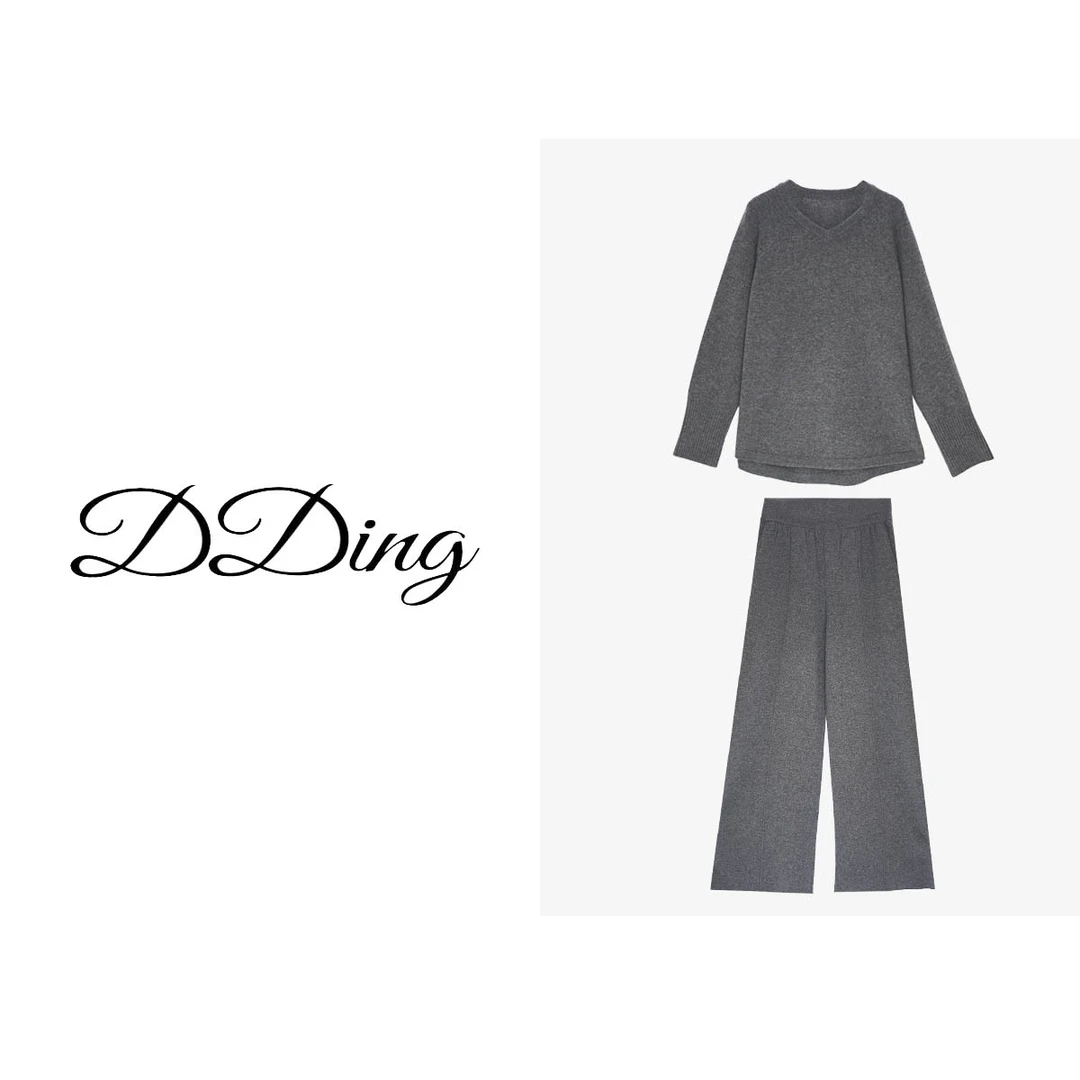 【DDing】“金楼”100%全羊毛套装V领纯色上衣(450g)百搭羊毛裤(740g)