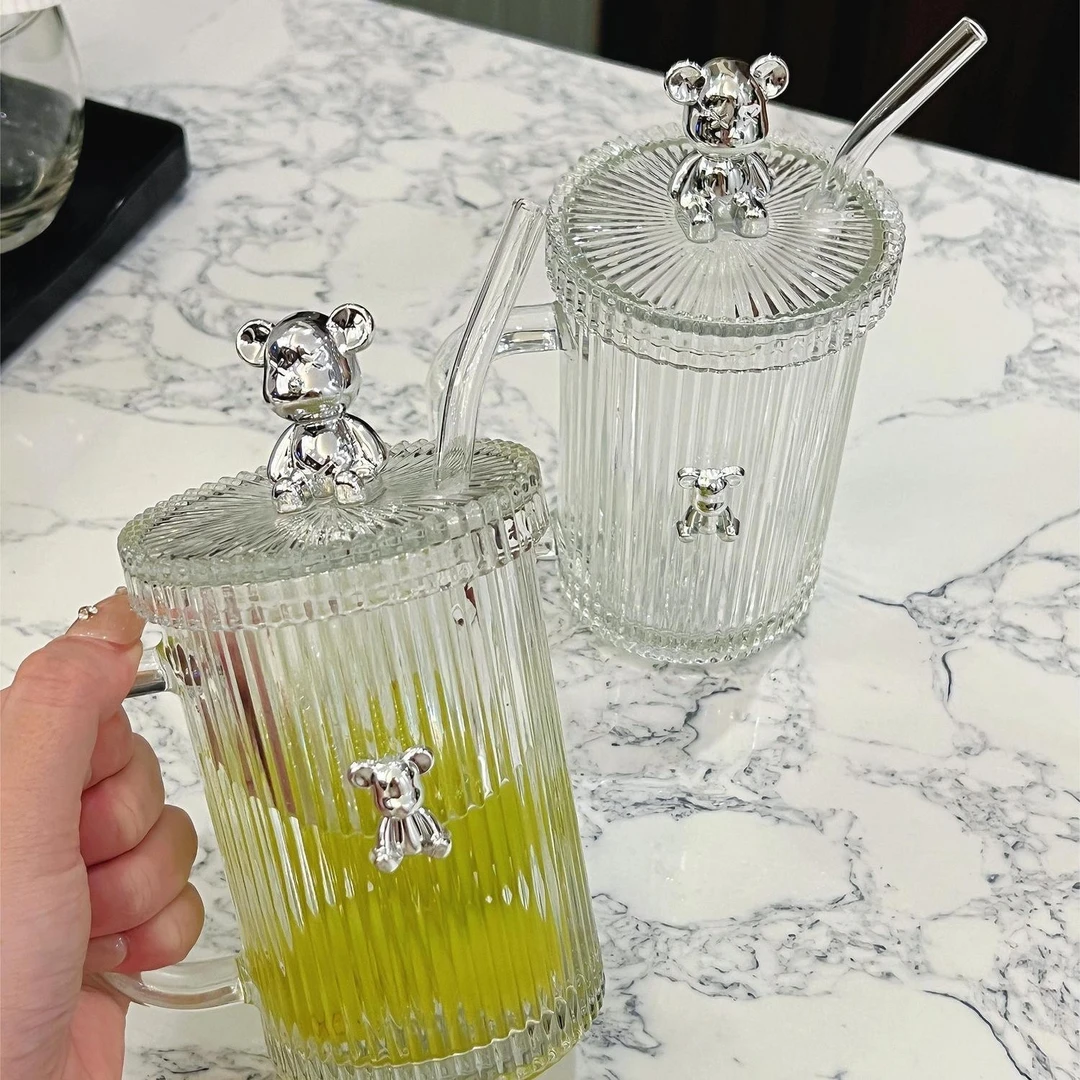 小熊竖纹玻璃杯 轻奢家用带盖水杯
