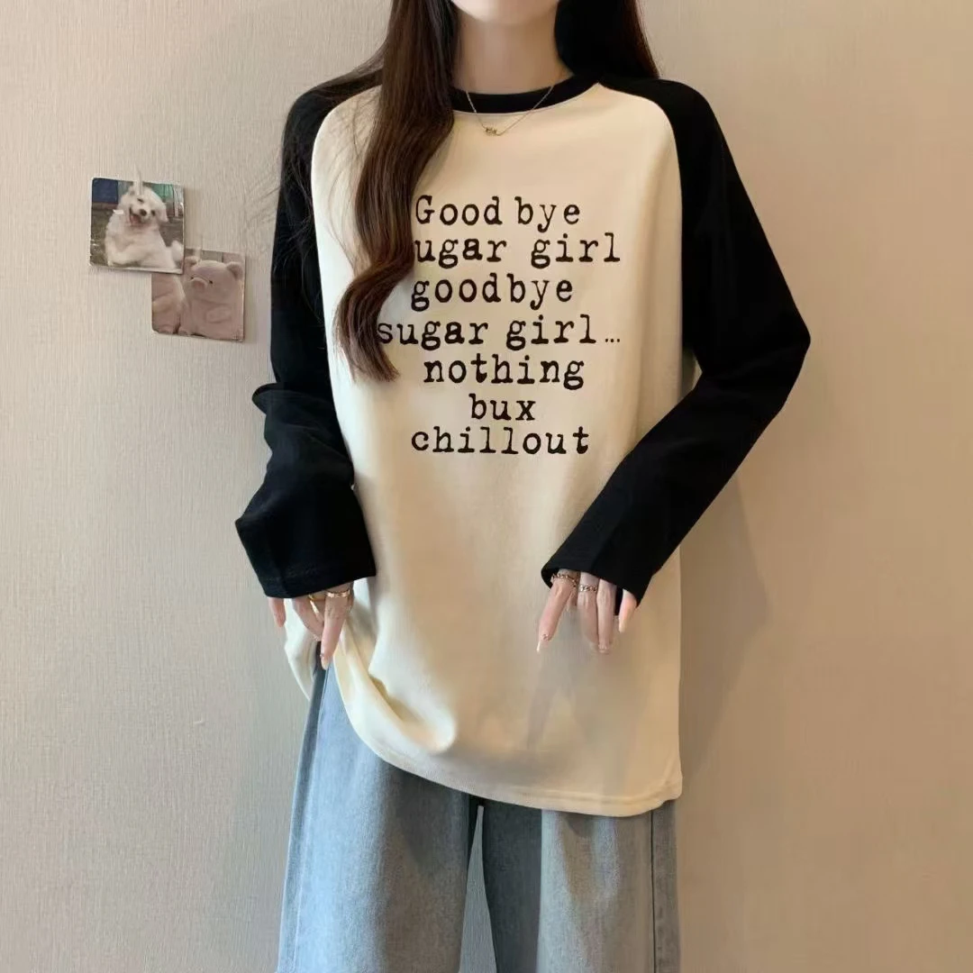 插肩袖圆领宽松中长款长袖T恤慵懒风