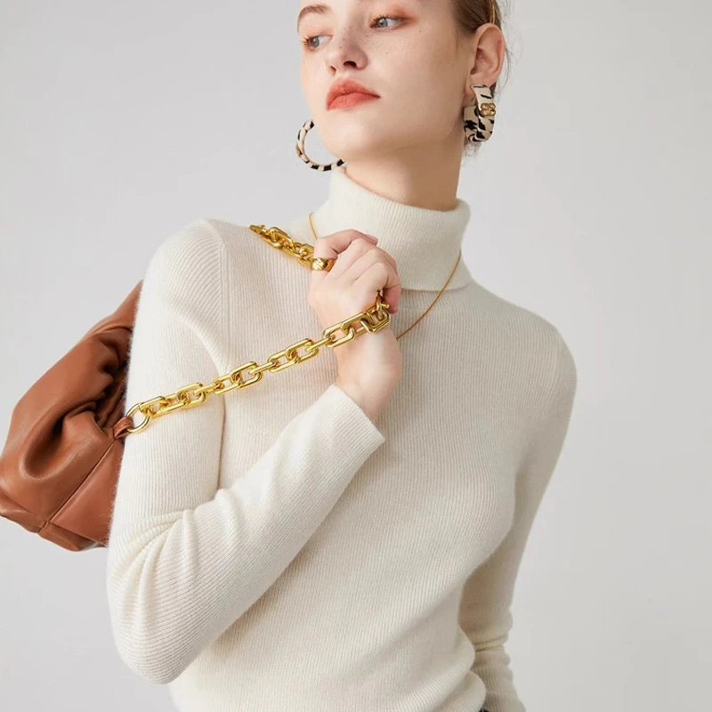 鄂尔多斯市高领纯色羊绒衫女修身保暖堆堆领内搭针织羊毛打底衫