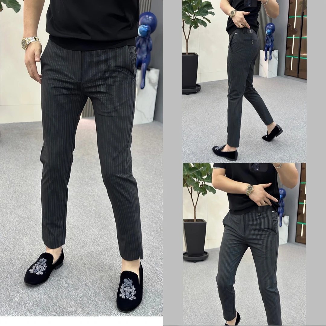 6699男士夏季新款薄款欧货竖条纹开衩小脚裤九分裤高品质修身百搭