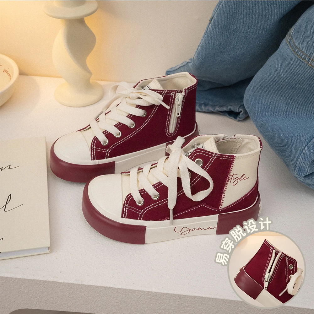 240061儿童时尚复古童鞋休闲板鞋侧拉链童鞋高帮