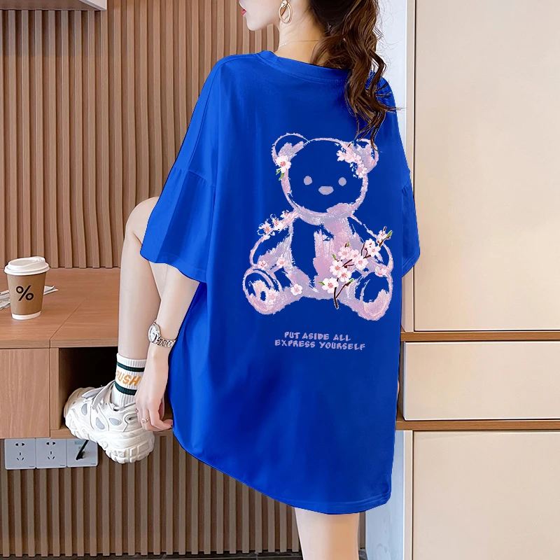 短袖t恤女洋气小熊2023新款夏季宽松大码女装克莱因蓝纯棉上衣服