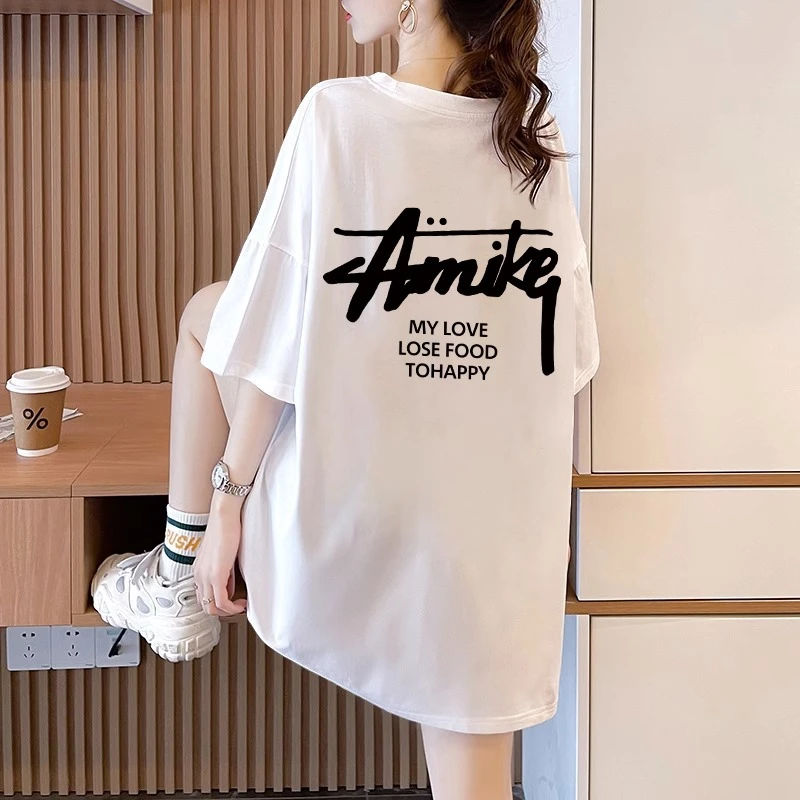 重磅纯棉中长款短袖t恤女2024新款爆款高街ins潮牌大码胖mm上衣服