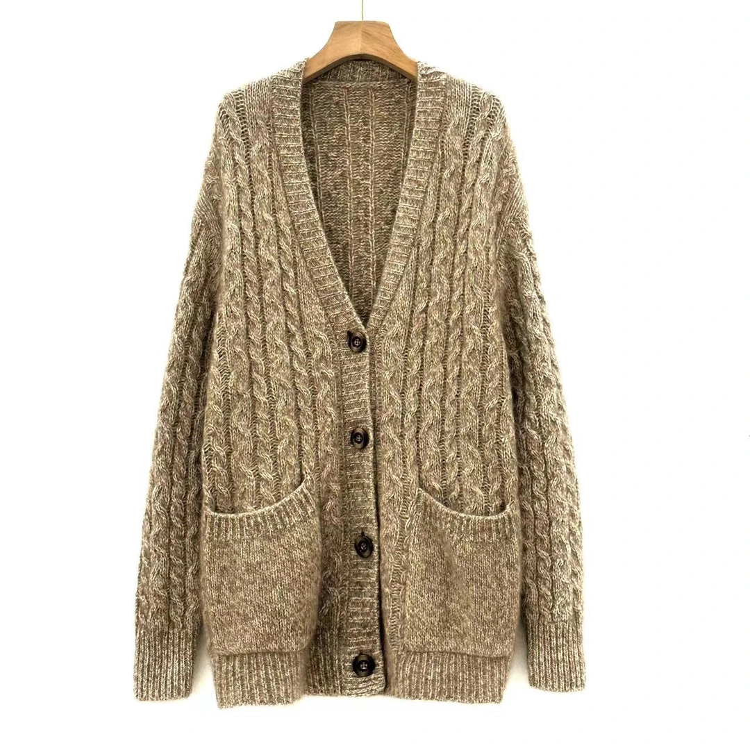 历妞【焦糖麻花】【米】山羊绒绞花工艺V领气质减龄女款开衫外套-379