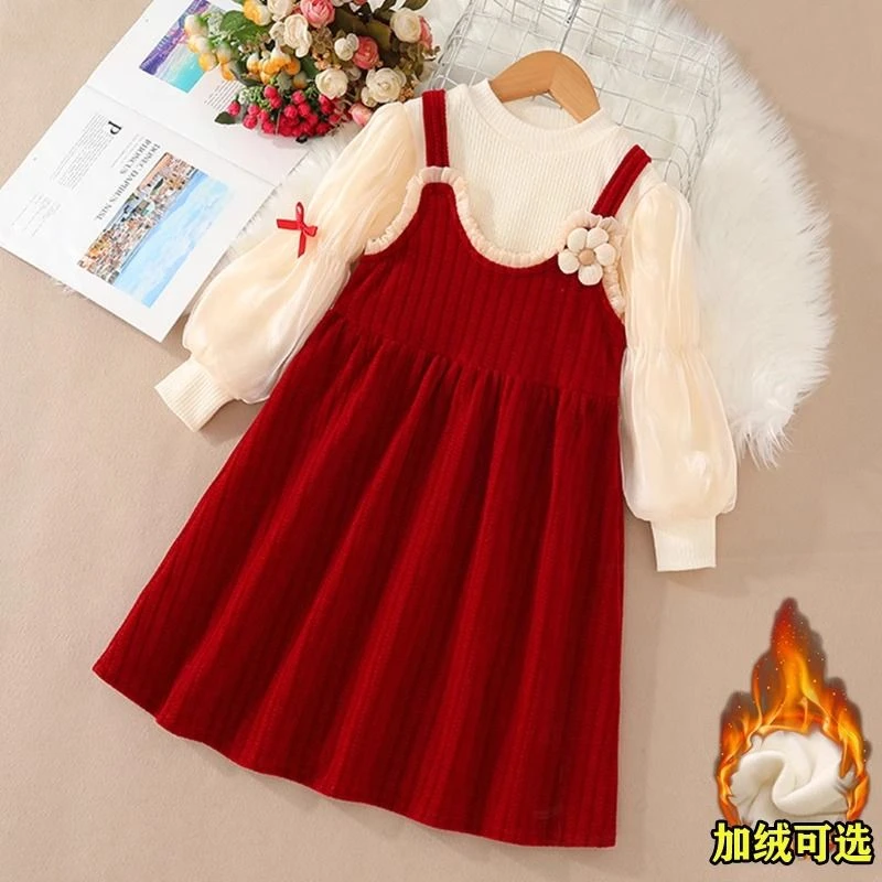 女童连衣裙秋冬套装儿童公主裙子洋气秋装红色小女孩新款加绒