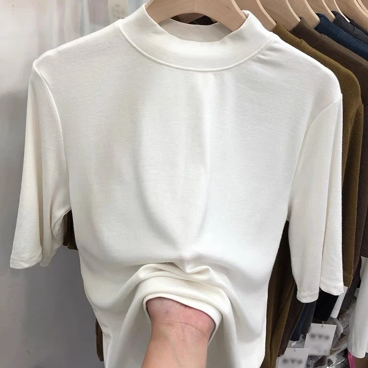 4007早秋百搭新款纯色高品质弹力棉洋气修身显瘦小立领五分袖上衣