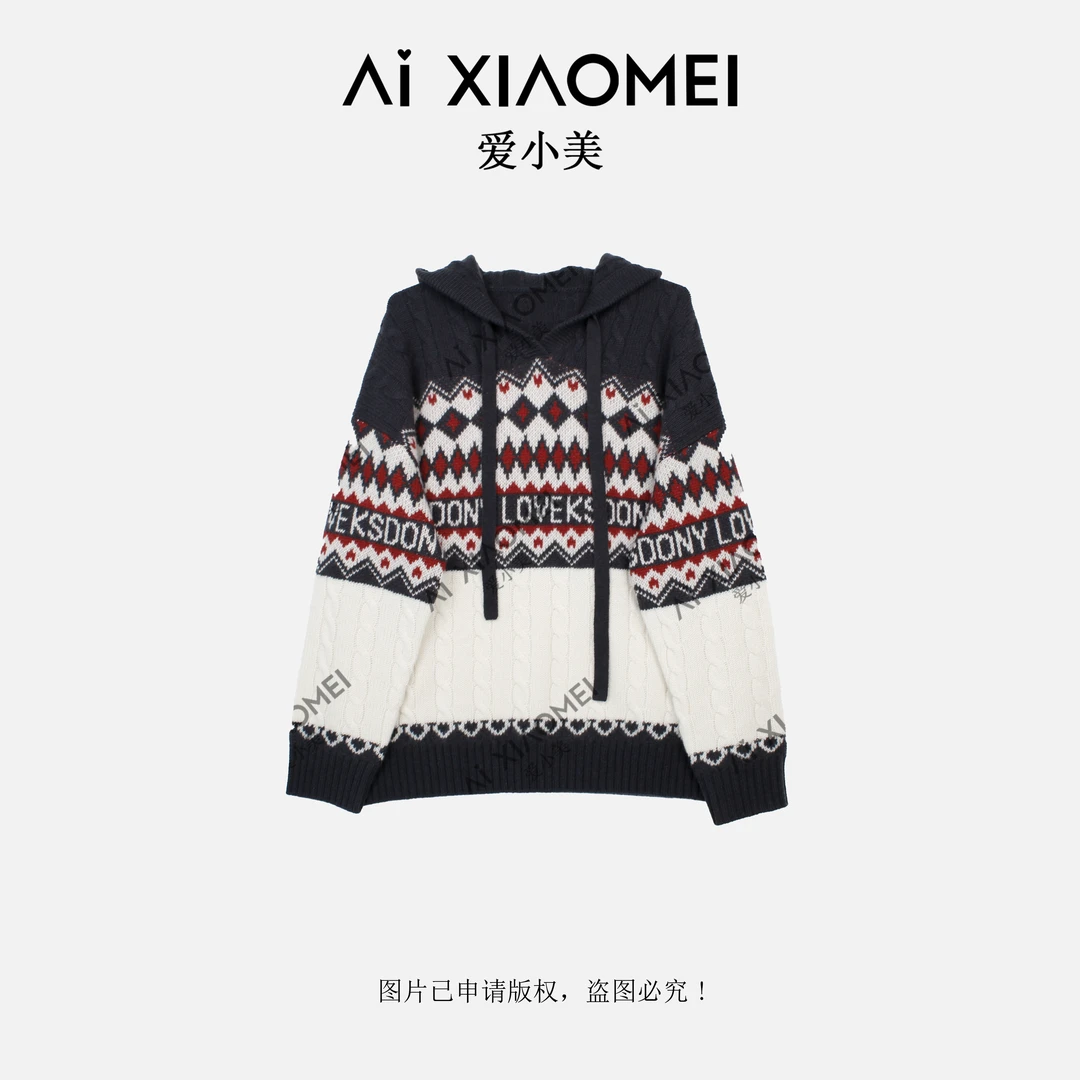 Aixiaomei/爱小美复古连帽百搭提花T级山羊绒针织毛衣YR08-1615