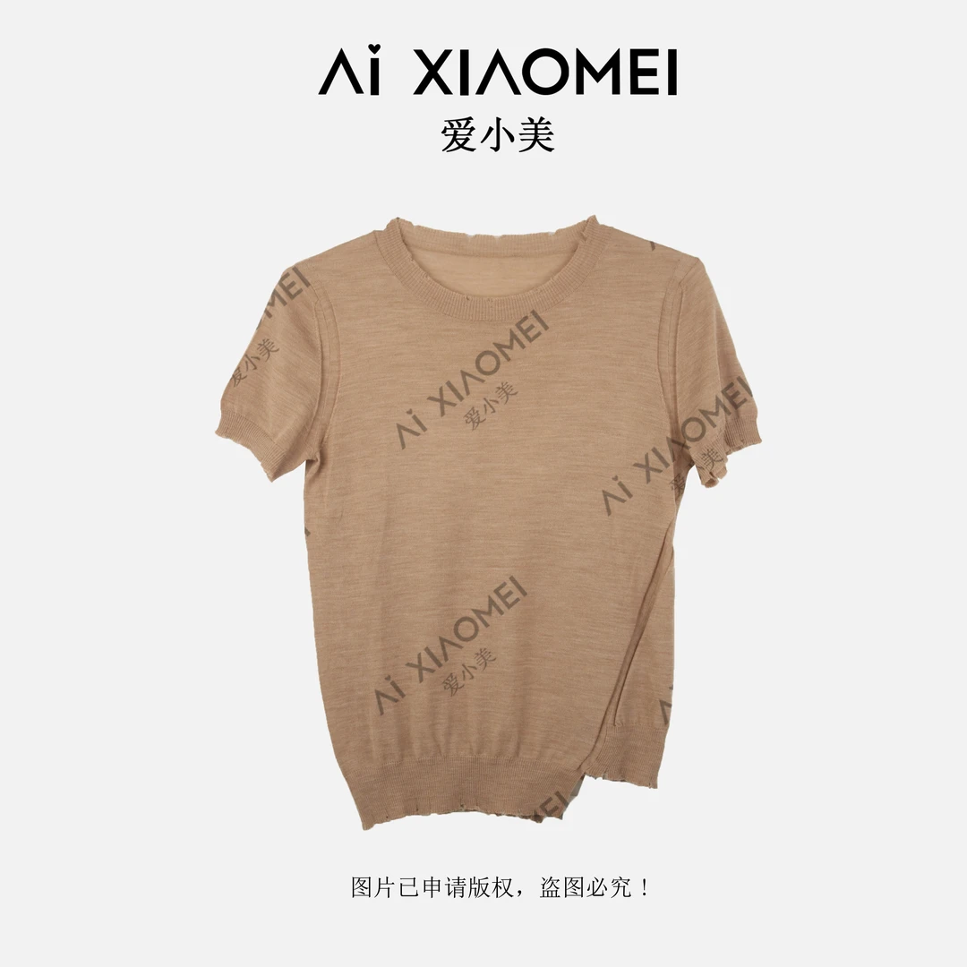 Aixiaomei/爱小美夏季显瘦百搭纯色简约羊毛破洞短袖YM08-2360