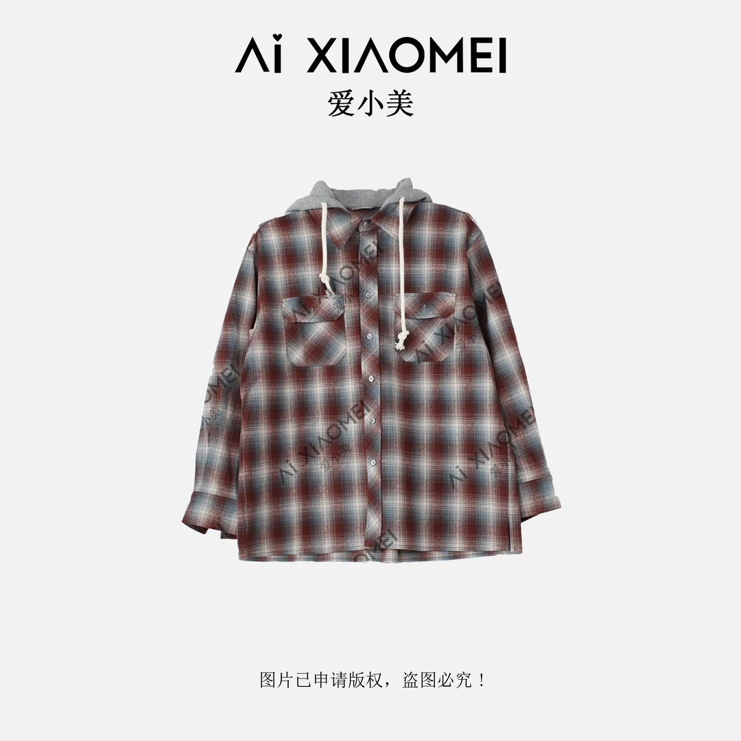 Aixiaomei/爱小美秋季格子宽松慵懒风长袖连帽衬衫外套SY-2251