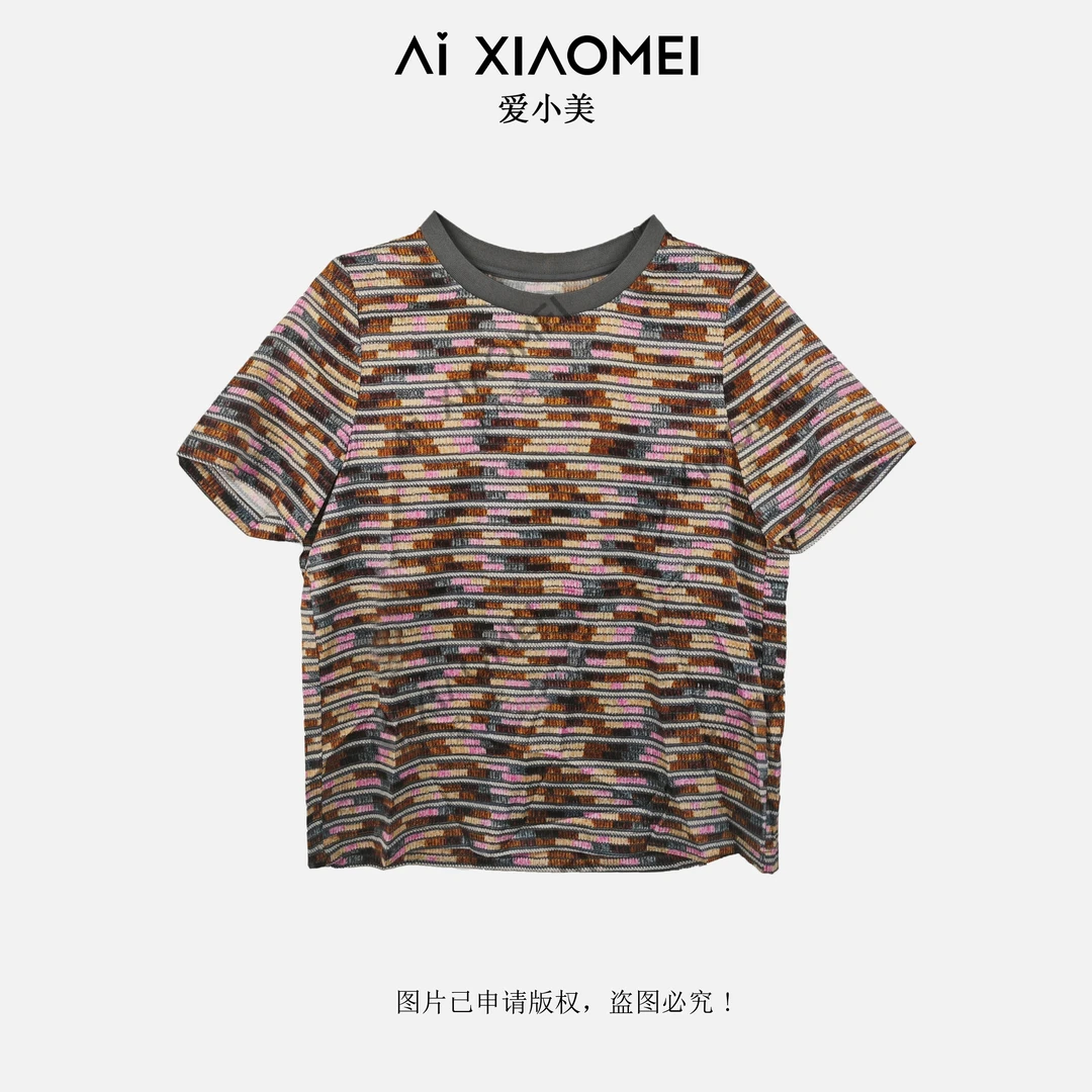 Aixiaomei/爱小美夏季新透气桑蚕丝T恤七彩条纹休闲短袖ZS08-0592