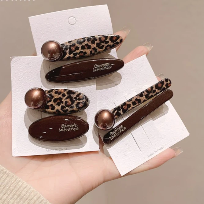 美拉德咖色豹纹发夹女2024新款高级感秋冬发饰复古侧边刘海夹子女