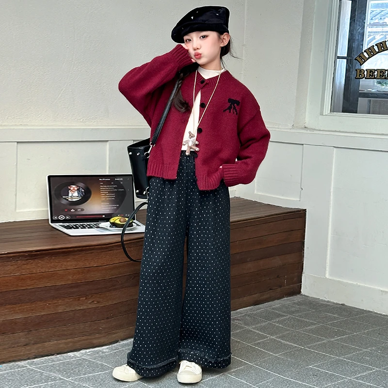 女童秋装蝴蝶结针织衫套装2024新款8-15岁中大童洋气小女孩三件套