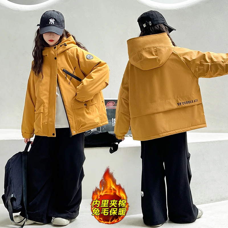 女童秋冬款夹棉冲锋衣2024新款6-12岁15岁中大儿童洋气加绒派克服