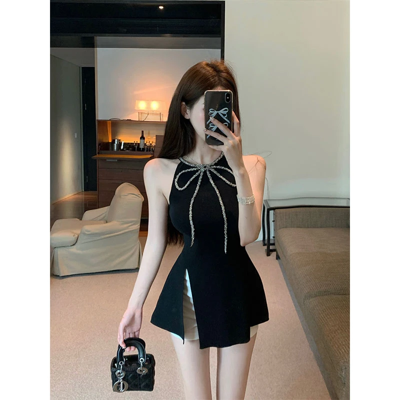 【二小姐专属】夏季纯欲辣妹重工镶钻蝴蝶结气质优雅上衣百搭短款裤