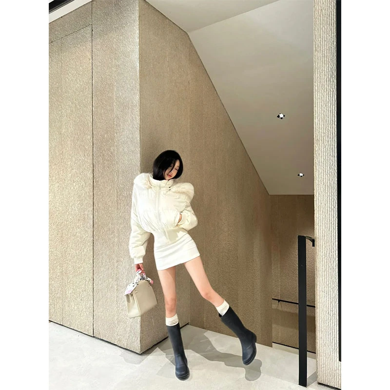 冬季新款毛毛领连帽保暖棉服外套上衣小个子百搭短款半身裙两件套