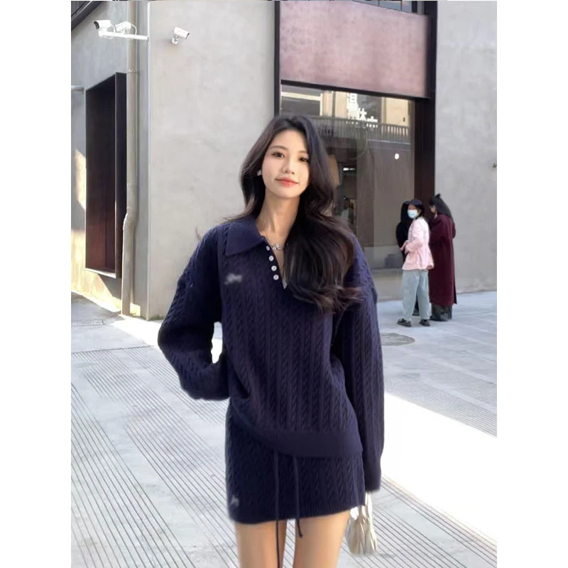 秋冬新款慵懒风翻领麻花针织毛衣女松紧腰包臀半身裙辣妹时尚套装