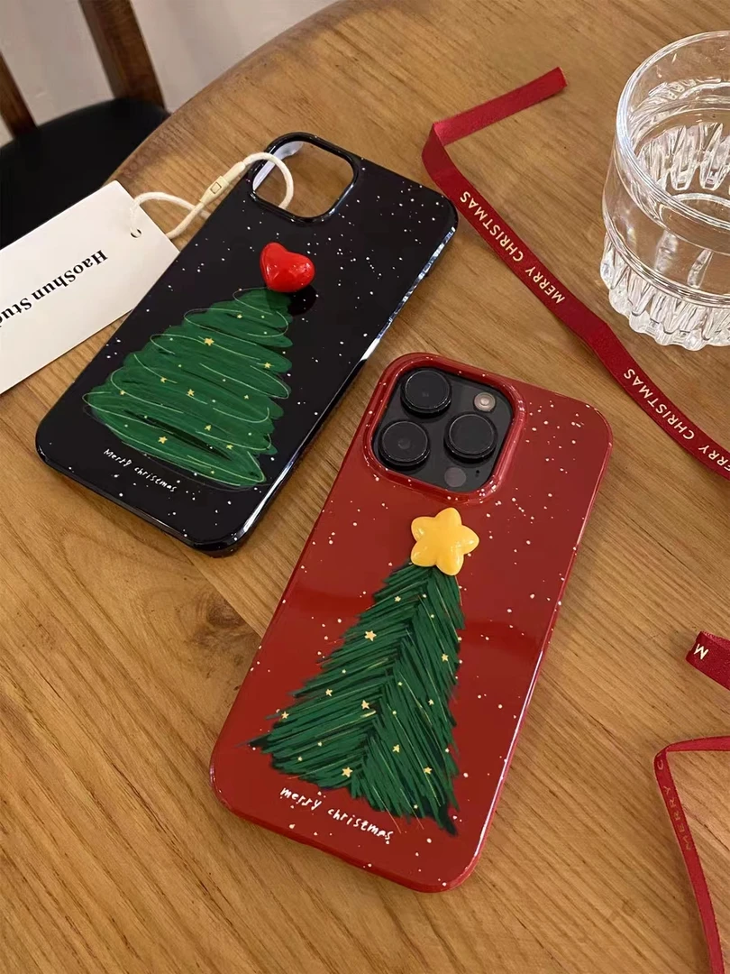 圣诞节红色爱心形圣诞树菲林手机壳硬适用苹果15promax华为荣耀