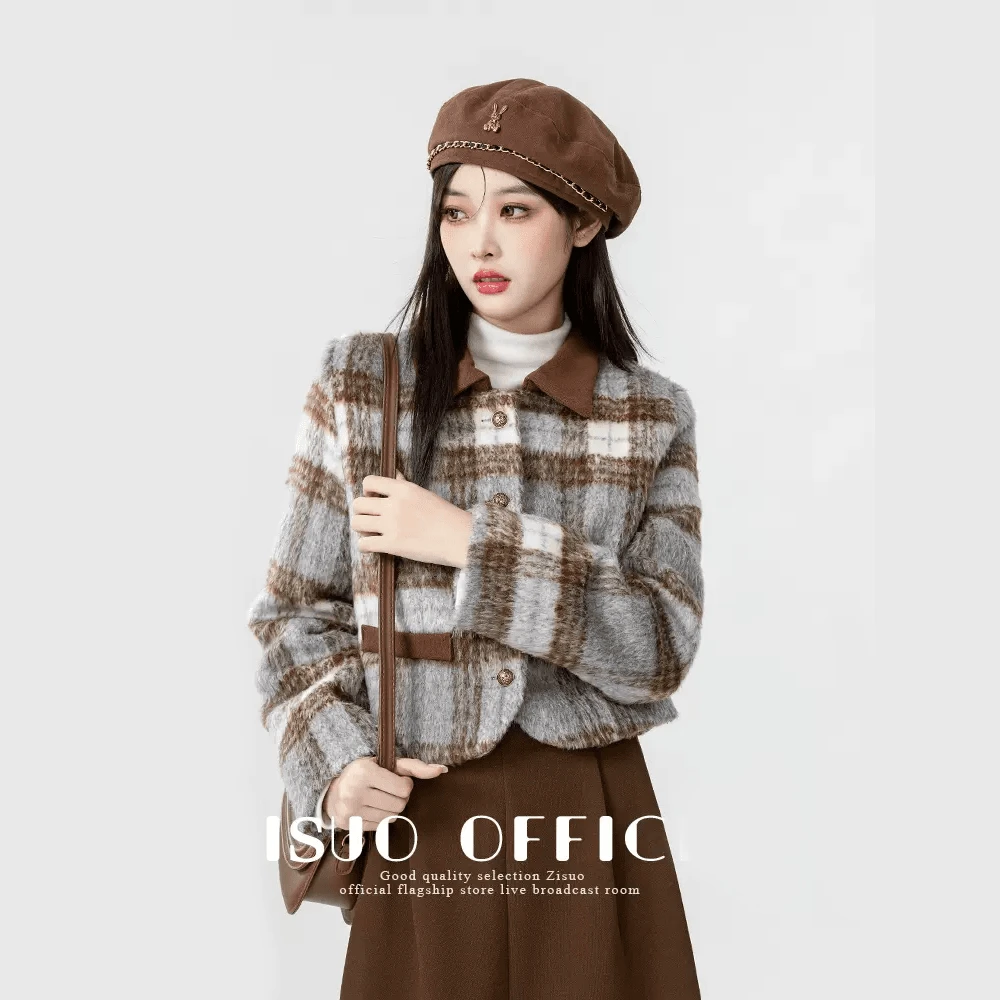 时尚小个子女装早春款小香风格子毛呢外套女韩版呢子短外套上衣