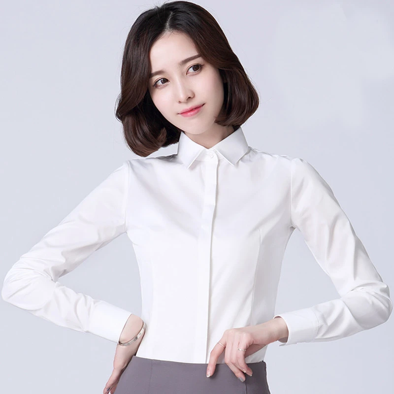 2025春秋新款免烫弹力纤维白色职业衬衫女式长袖商务修身正装衬衣