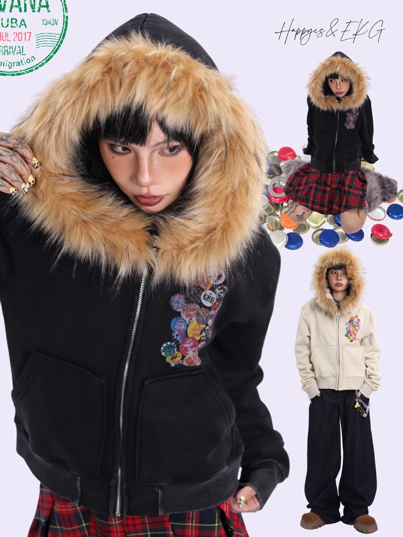 happyes“胸章狂热!”加绒外套派克服秋冬连帽毛领美式复古质感上衣