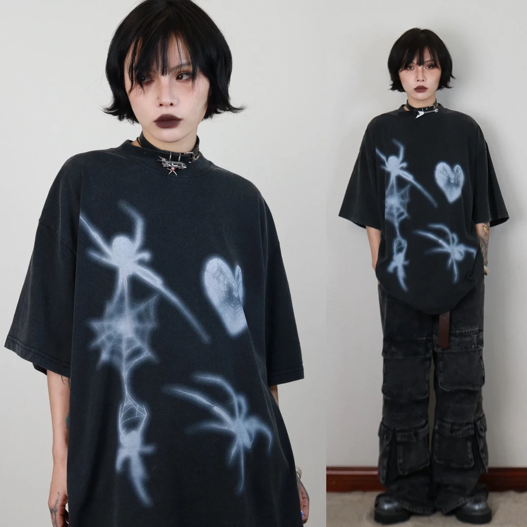 happyes“电子蜘蛛”y2k未来感短袖/白膜直喷情侣夏季百搭设计感t