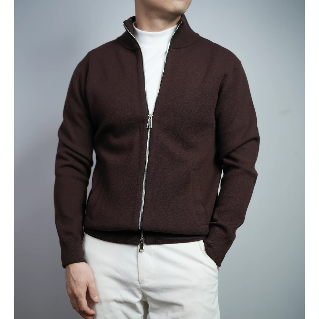 秋冬季高档精纺男士拉链半高立领毛衣针织开衫外套简约商务短袖