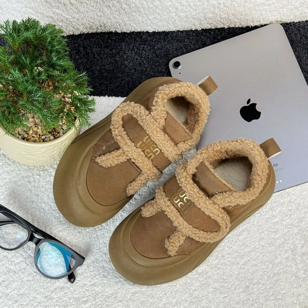 丑萌娃娃头板鞋女加绒2024冬季新款魔术贴厚底运动休闲鞋