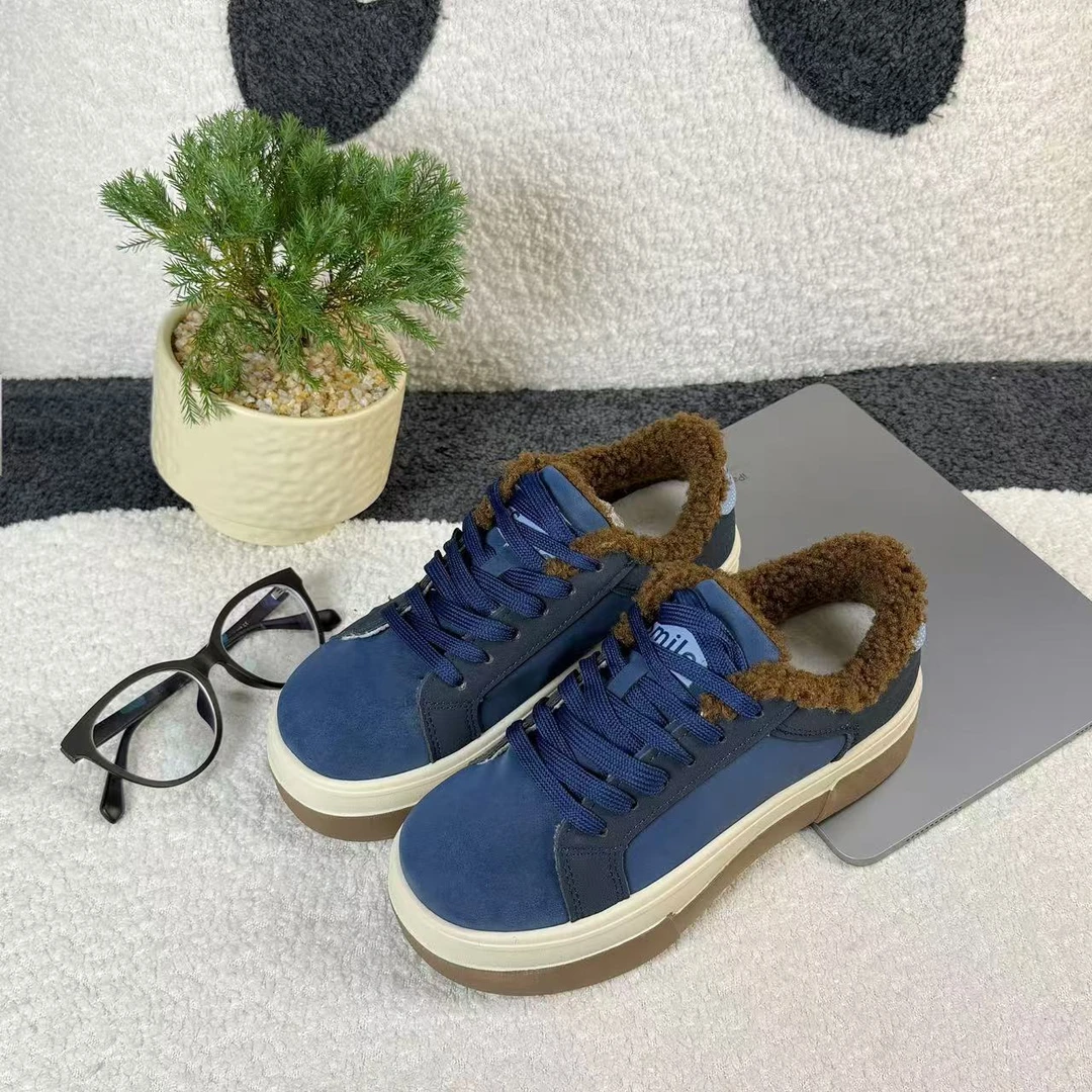 复古蓝色厚底板鞋女2024冬新款加绒ins百搭小众设计运动休闲棉鞋
