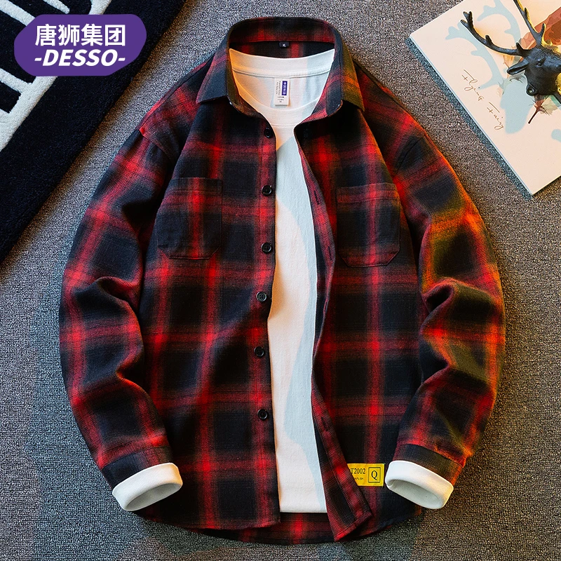 唐狮集团DESSO秋季格子寸衫复古潮流学生休闲宽松长袖衬衫外套 男
