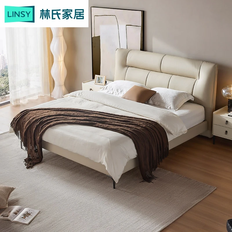 【严选】林氏家居卧室真皮床双人软包大床头层牛皮轻奢 TPC701