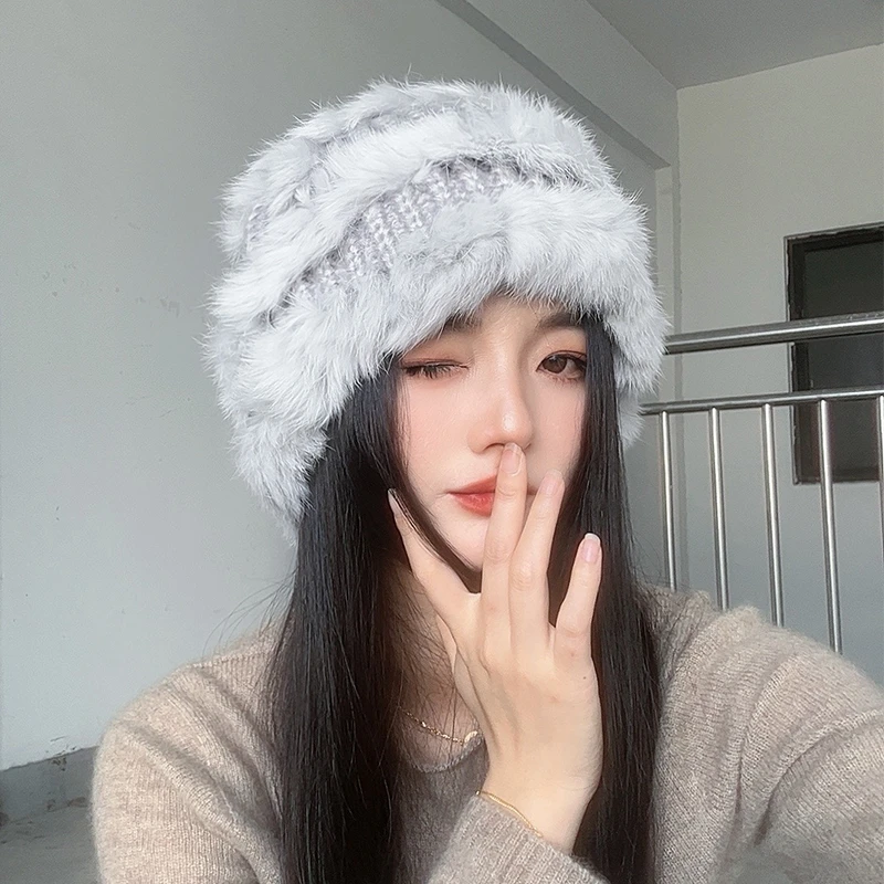 兔毛帽针织毛线帽女网红百搭编织毛绒包头加厚韩版保暖帽秋冬新款