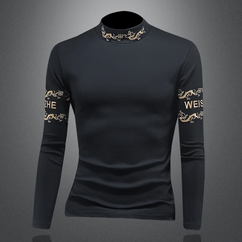 高品质帅气刺绣半高领长袖T恤男加绒加厚内搭冬季潮流大码打底衫