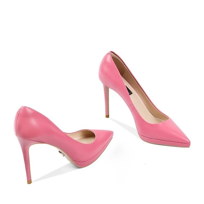 【手工女鞋】防水台高跟鞋女2023年新款牛皮玫红色尖头细跟单鞋女