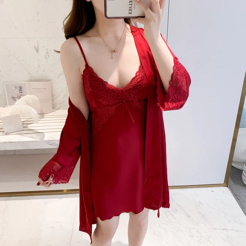 性感女薄款冰丝吊带睡裙睡袍两件套装（带胸垫）