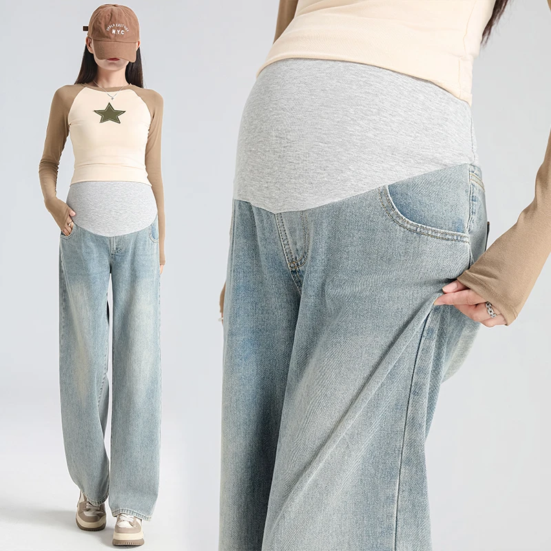孕妇牛仔裤春秋款外穿阔腿裤大码直筒裤孕妇裤2024新款休闲裤高腰