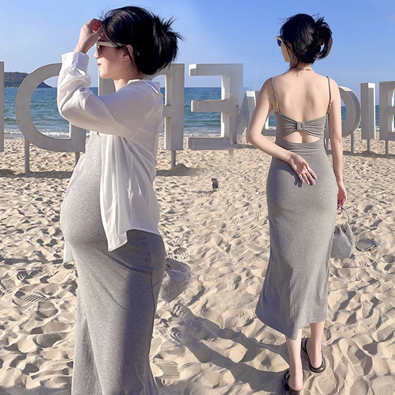 度假孕妇吊带连衣裙套装修身露背孕妇照裙辣妈裙带胸垫背心裙夏薄