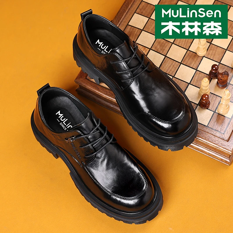 木林森增高男士皮鞋男牛皮大头商务正装厚底休闲百搭英伦风男鞋