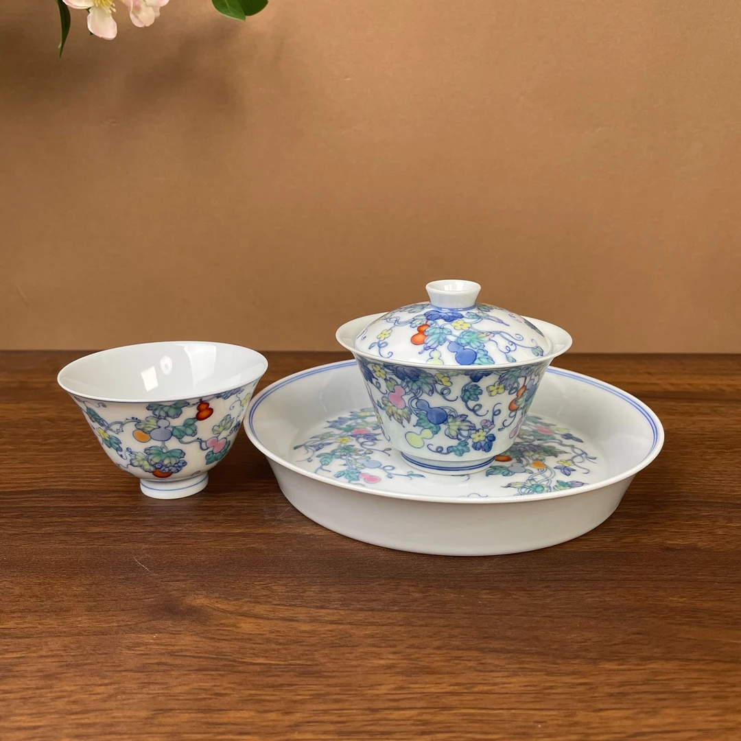 青花斗彩葫芦主人杯 两才盖碗 手工手绘景德镇茶具 容量80毫升