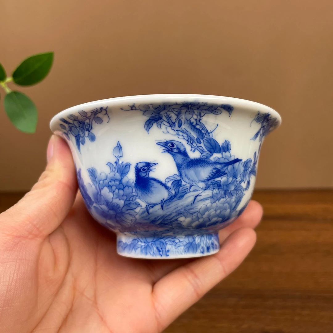 【九茗柴窑】花鸟压手杯 手工手绘景德镇茶具容量100毫升
