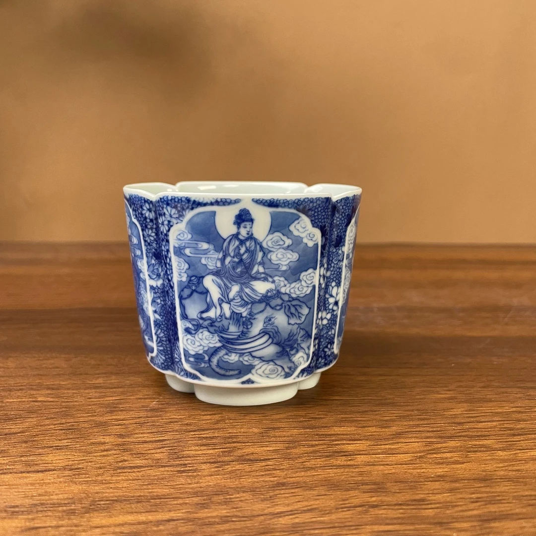 【晓竹窑】四面菩萨方器杯手工手绘景德镇茶具容量100毫升