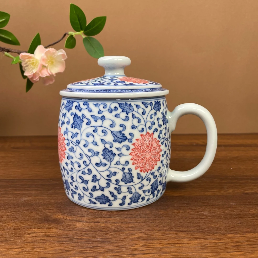 柴窑釉下红缠枝莲办公杯 手工手绘 景德镇茶具容量400毫升