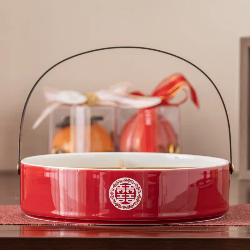 结婚喜庆高端陶瓷果盘分隔干果盘子结婚客厅餐桌结婚水果摆桌花样