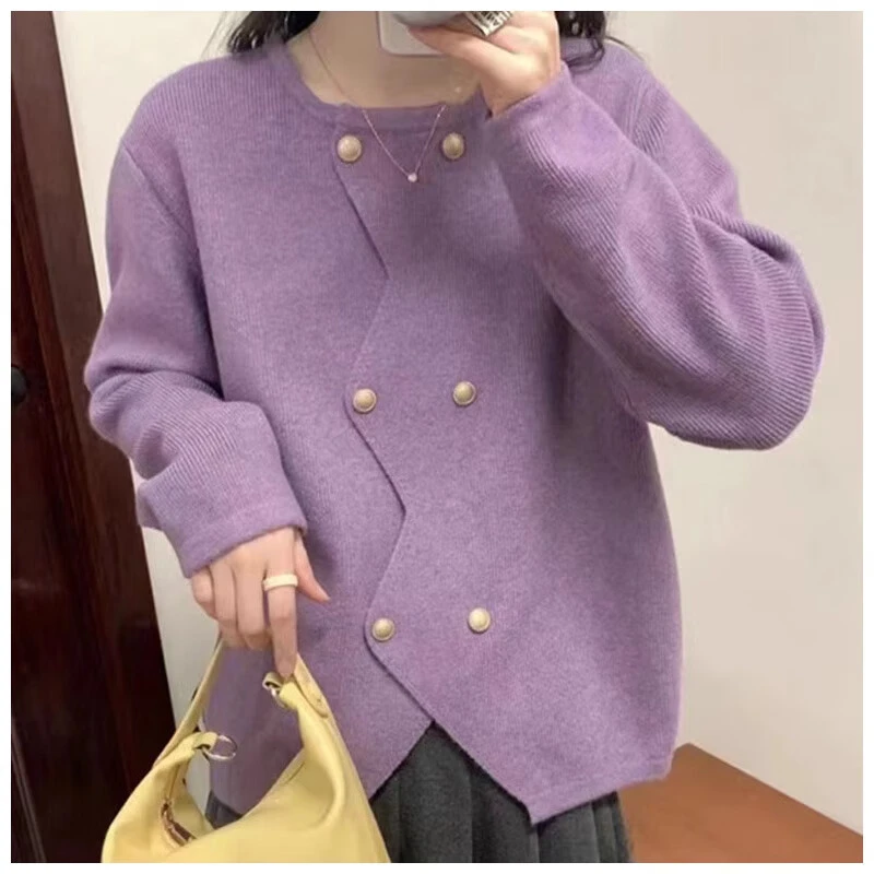 2024春秋新款宽松慵懒风紫色毛衣针织开衫外套女春秋款洋气