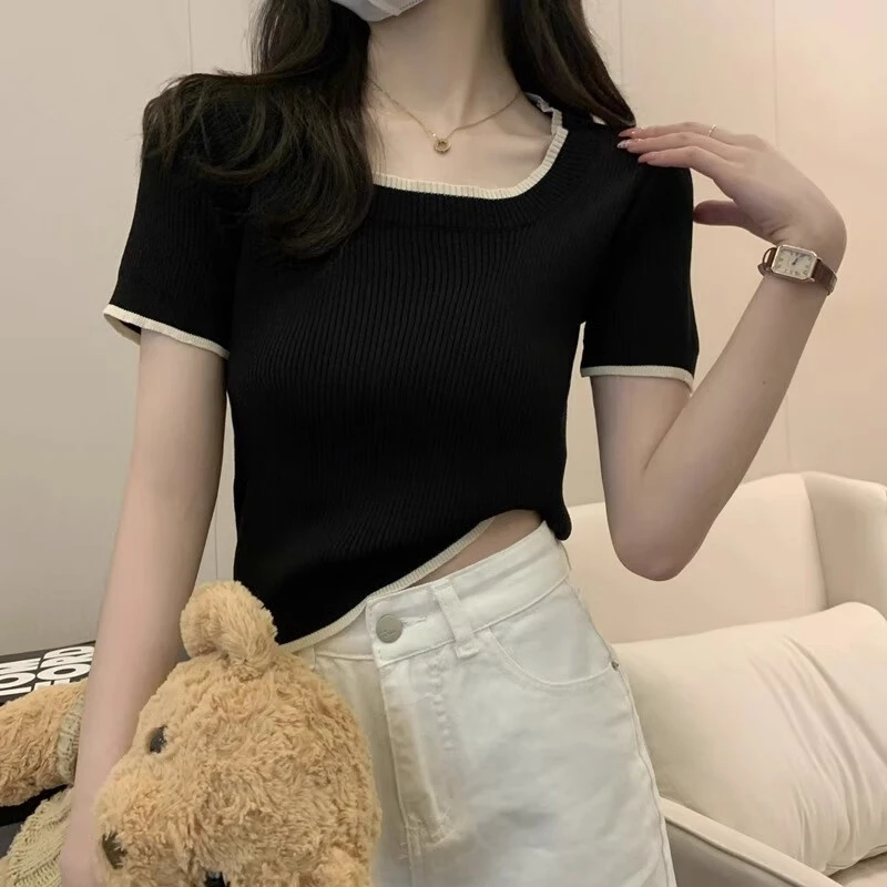 方领锁骨正肩短袖t恤女2024夏季针织冰丝体恤小个子修身短
