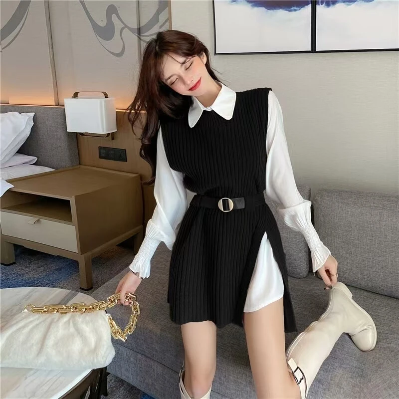 时尚套装女衬衫针织马甲新款腰带开叉针织马甲+喇叭袖衬衫两件套