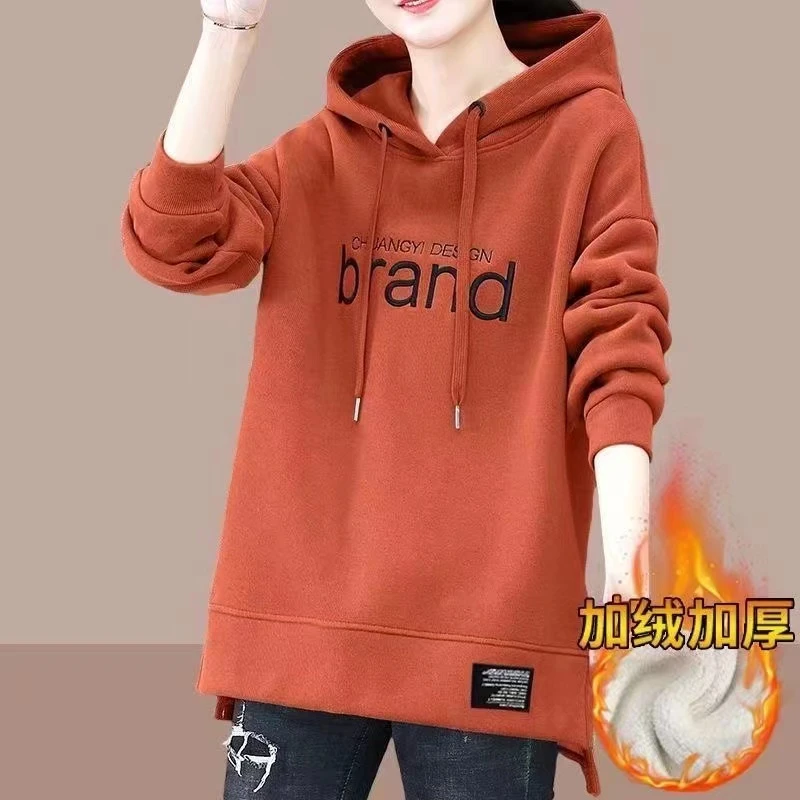 新款韩版连帽加绒加厚休闲秋冬宽松大码减龄开叉两侧保暖卫衣女士