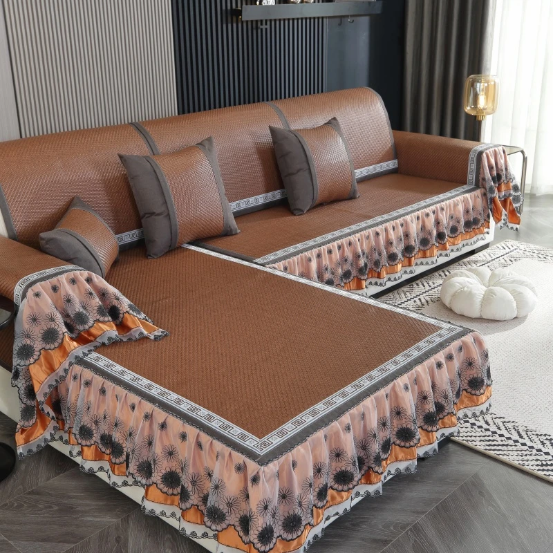 可定制藤席裙摆沙发垫夏季凉席冰感竹沙发套罩夏天贵妃实木坐垫巾