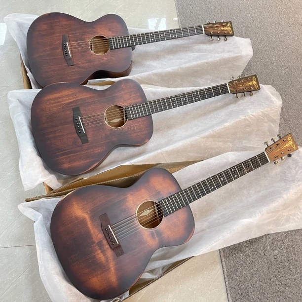 40寸OM桶复古擦色手工全单板民谣专业演奏级吉他乐器