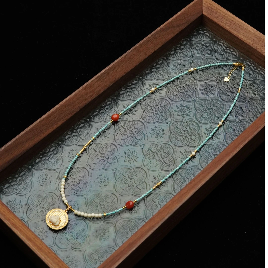 知足常勒 天然猛犸牙3mm圆珠雕刻弥勒佛项链